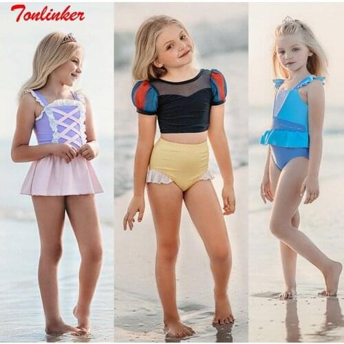 2021 Girls Summer Swimwear Princess Bathing Suit Rapunzel Belle Mermaid Beachwear Children Bikini Swimsuit Kids Holiday Outfits
