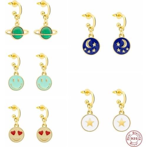 Aide 925 Sterling Silver Colorful Enamel Starry Sky Planet Round Pendant Dangle Earrings Smiley Face Charm Oil Drop Earring Gift