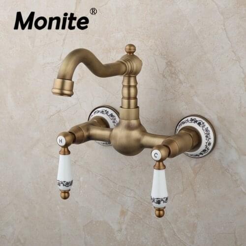 Monite Antique Brass Bathroom Bathtub Faucet Solid Brass Wall Mounted 2 Handles Bathroom Sink Mixer Faucet Hot & Cold Water Tap
