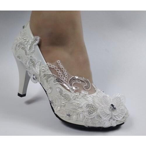 BaoYaFang 2020 New arrival White flower Party Heeled Shoes Woman High Heel Pumps Ladies Wedding shoes white lace round toe