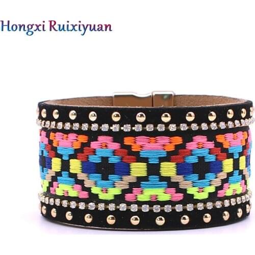 Leather Pink Wide Magnet Clasp Leather Bracelet Handmade Ethnic Bracelets for Women Cross Vintage Bangles&Bracelets Female Gift