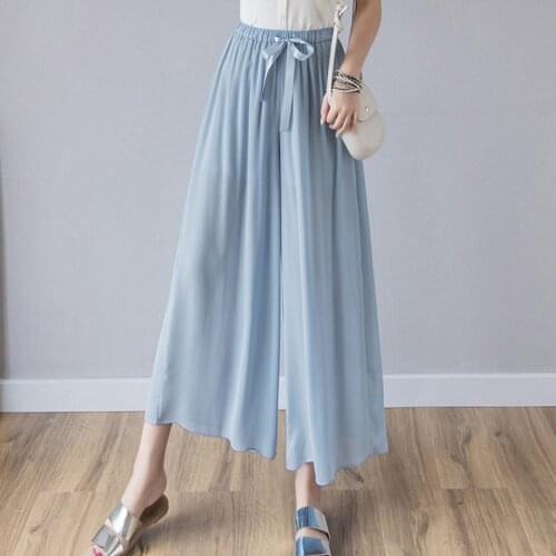 Korean Elegant Chiffon Pants Women Bandage High Waist Wide Leg Pants Casual Loose Culottes Pants 2020 Summer Trousers For Women