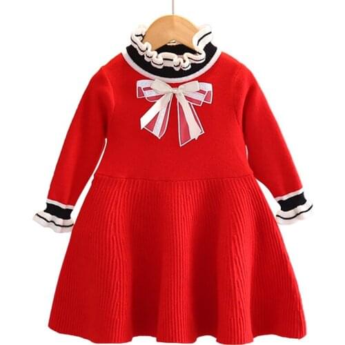 Baby Girl Sweater Dress 0-6Y Autumn and Winter Warm Pure Color Knitted Sweater Dress Bowknot Cute Knitted Skirt Girls Dress