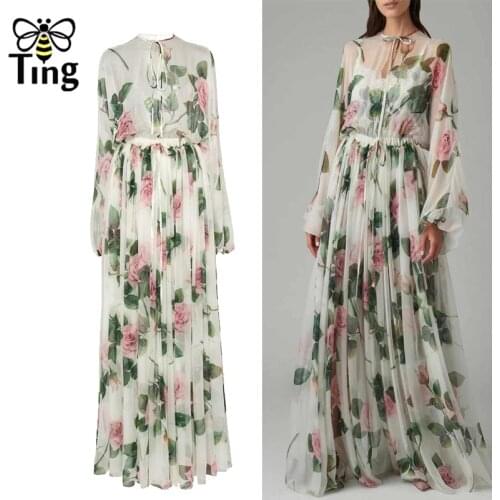 Tingfly 2020 Summer Spring Runway Flower Floral Maxi Dress High Quality Chiffon Long Party Dresses Casual Vibrant Print Vestidos