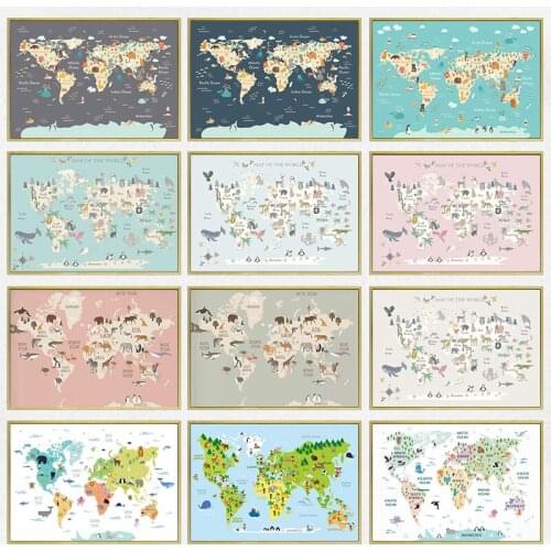 World Map Canvas Painting Pastel Animal Theme Educational Wall Art Nordic Posters and Prints Pictures for Living Home Decoration