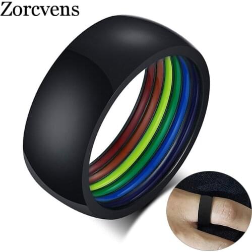 ZORCVENS New Trendy Rainbow Fashion Jewelry Black Gold Silver Color Stainless Steel LGBT Pride Rings for Women Men