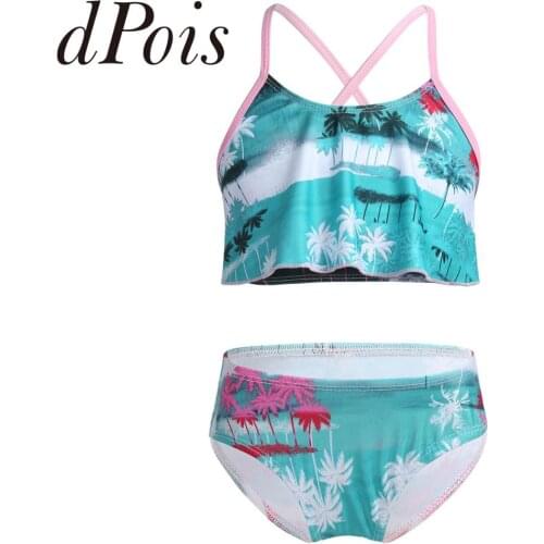 2PCS Girls Swimwear Kids Swimming Bathing Suit Tankini Tropical Palm Printed Flounce Swim Tops with Bottoms Set Beach Wear