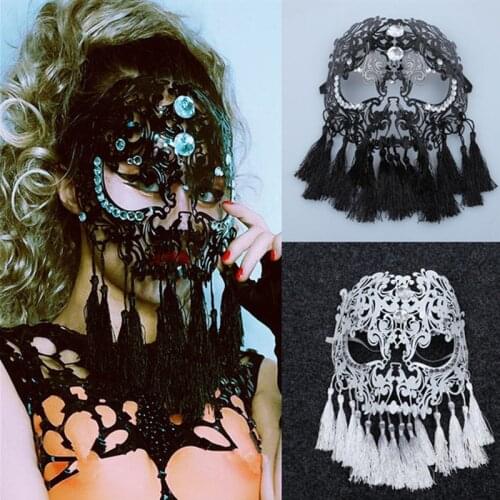 Bar Nightclub Halloween Party Mask Black White Crystals Tassels Hollow Accessories Women Singer Dancer Performance Prop
