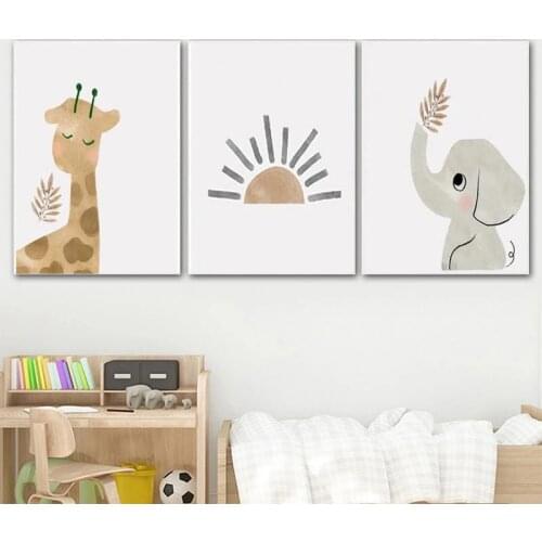 Cartoon Anima Sun Giraffe Elephant Canvas Painting Posters and Prints Wall Art Pictures for Childrens Room Home Decor Cuadros