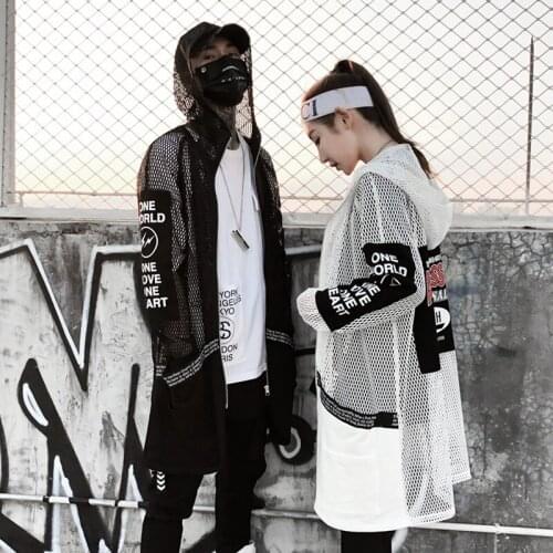 Mens Mesh Hollow Long Sleeve Hooded Shirt Coat High Street Fashion Hip Hop Casual Long Style Shirt Jacket for Lover