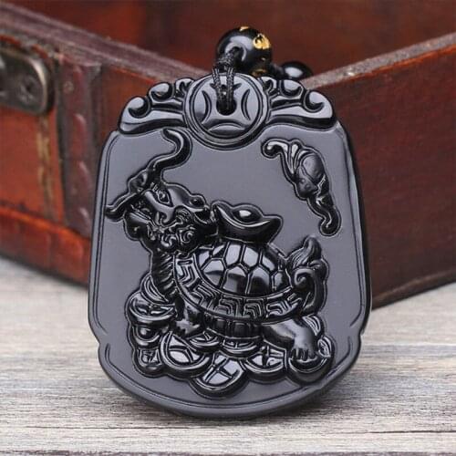 Natural Black Obsidian Stone Pendant Animals dragon Turtle Patron saint Pendant Necklace For Mens & Women jades Jewelry
