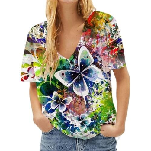 Casual Women T-shirts Summer Butterfly Flower Printed Tops 3d Street Fashion Tee Female V-neck Loose 5xl T-shirt Short Sleeve