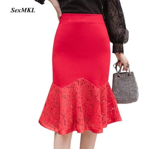 SEXMKL Plus Size Lace Patchwork Red Skirt 2020 Elegant Women High Waist Skirt Korean Ladies Streetwear Jupe Femme Party Skirts