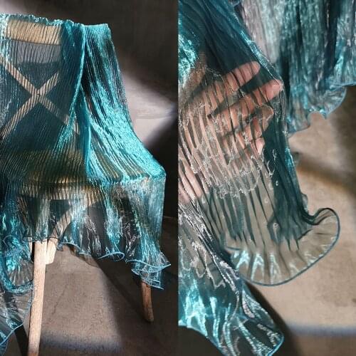 Blue Pleat Wave Laser Organza Water Light Designer DIY Sewing Dress Fabric Telas Gauze Tulle Fabric Decoration Wedding Accessory
