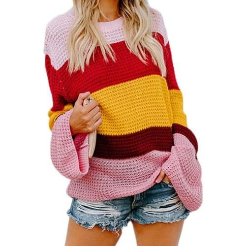 Autumn and winter large size 2XL 3XL4XL 5XL 6XL loose round neck sweater pullover trumpet sleeve striped sweater womens shirt
