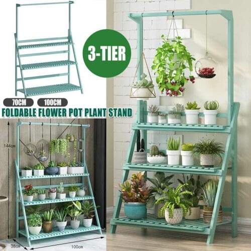 3 Tier Folding Plants Shelves 50/70/100cm Stand Rack Indoor Outdoor Wooden Ladder Shelf Flower Cabinets Storage Garden Furniture
