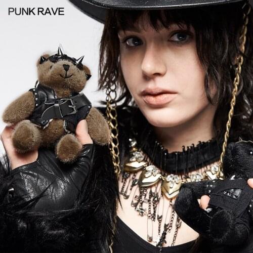 PUNK RAVE Womens Punk Small Bear Dolls Clothes Backpacks Accessory Mini Handsome Cute Bear Doll Removable Iron Buckle