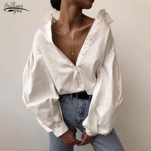 Turn Down Collar Office Ladies Shirt Lantern Sleeve Elegant Shirt White Black Sexy Button Vintage Blouse Female Casual 10903