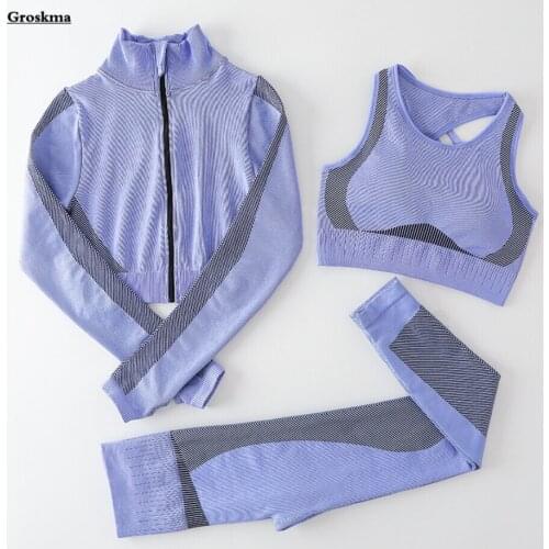 Zipper Shirt+Sexy Bra+High Waist Pants Women Yoga Set Fitness Gym Seamless Suits Workout Running Sportswear Clothing Patchwork