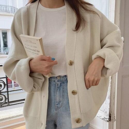 2021 New Autumn Winter Cardigans Women Causal V Neck Button Up Short Knit Cardigan Woman Oversized Loose Lazy Oaf Sweaters