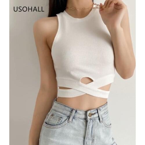 USOHALL Summer New Solid Hollow Out O-Neck Slim Knit Crop Top Women Sleeveless Tank Tops