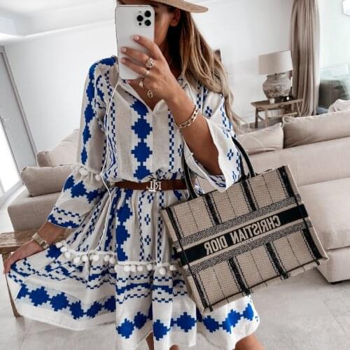DUISNENA boho dress white dress with blue floral print v-neck women dresses vintage flare sleeve robe vestidos