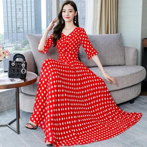 2021 High Quality Dot Chiffon Maxi Dresses Summer Vintage 4XL Plus Size Chic Midi Sundress Women Elegant Bodycon Party Vestidos