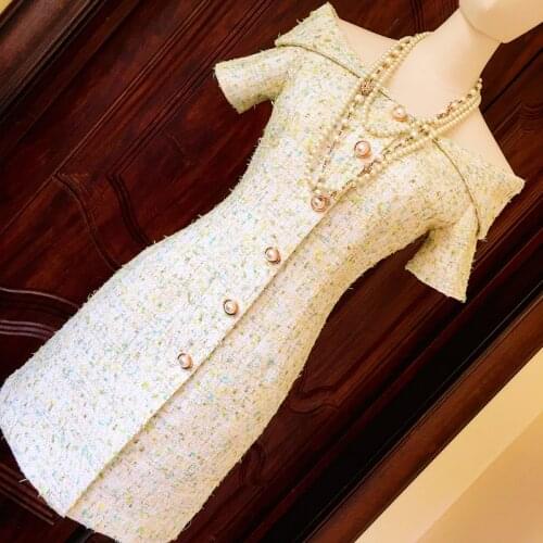 High quality 2020 spring summer women party sexy slash neck tweed dresses short sleeve buttons avocado green mini dress Y667