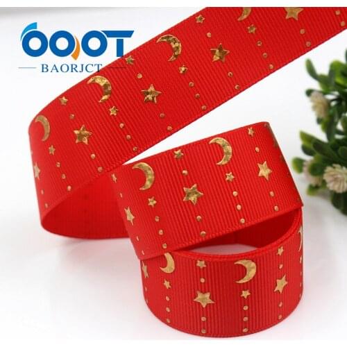 1'' Wide Gold Laser Star Moon Printed Red grosgrain ribbon 10 Yards for Gift Wrappping, Bouquet Wrapping, Decoration, Craft