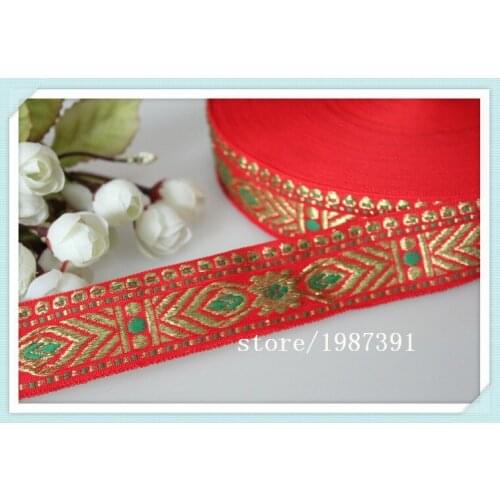 10yards/lot wide 3.2cm Woven Jacquard Ribbon gold Flower red background for clothing Accessories CH-9239