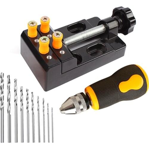 12PCS Pin Vise Hand Drill Kit Mini Aluminium Drill Press Vise Bench Vice Tool for Wood Jewelry Carving DIY Drilling