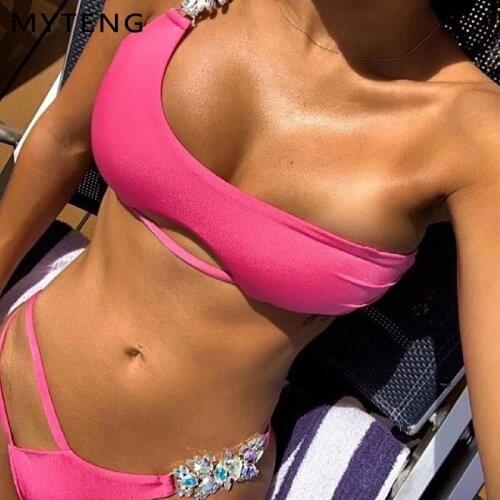 Luxury Diamond Jewelled Rhinestone Bikini Summer New Sexy Irregular One Shoulder Swimwear Women Beachwear Hollow out Swimsuit
