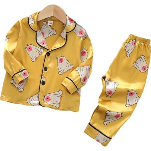 Baby Pajama Sets Boys Girls Cartoon Print Outfits Kids Long Sleeve Blouse Tops+Pants Homewear Infant Silk Satin Sleepwear Suit