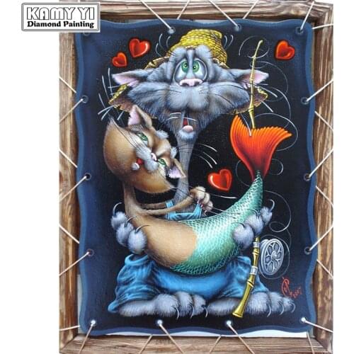 DIY 5D Full Square Diamond Diamond Painting "Cat and fish" Embroidery Cross Stitch Rhinestone Mosaic Painting Decor