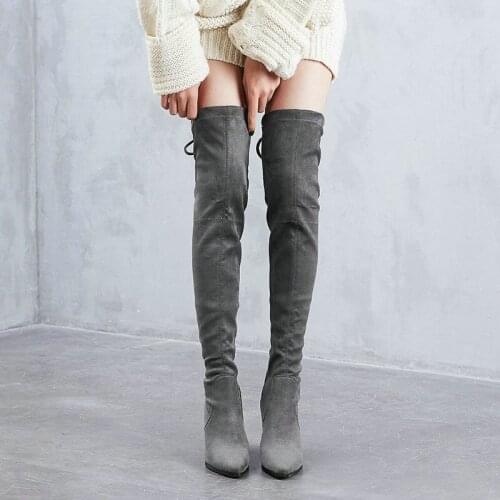 Quality Sheep Velvet Leather Women Over The Knee Boots Lace Up Sexy High Heels Women Shoes Lace Up Winter Boots Warm Size 35-40
