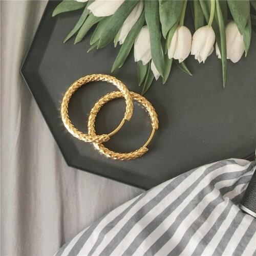 Classic Gold Color Rough Stainless Steel Hoop Earrings For Women Girl Easy Hook Earrings