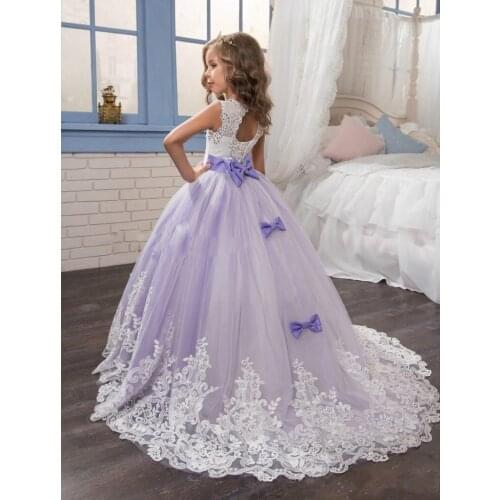 Beautiful Purple and White Flower Girls Dresses Beaded Lace Appliqued Bows Pageant Gowns for Kids Wedding Party Dresses For Girl