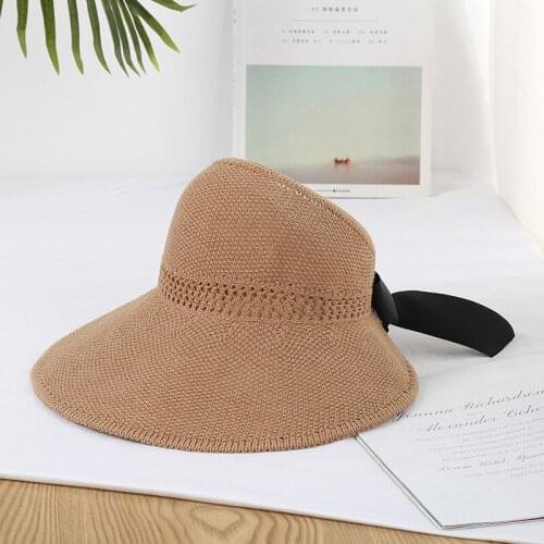 Summer Womens Straw Sun Hats Foldable Lace Bowknot Outdoor Beach Visor Caps Female BIg Brim Empty Top Sun Protection Hat