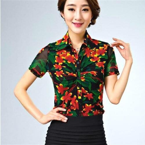 Summer 2018 New Womens Printed Floral Pattern Short Sleeve Mesh Blouse , Female Woman Slim 3XL Mesh Blouses , Fashion Shirts