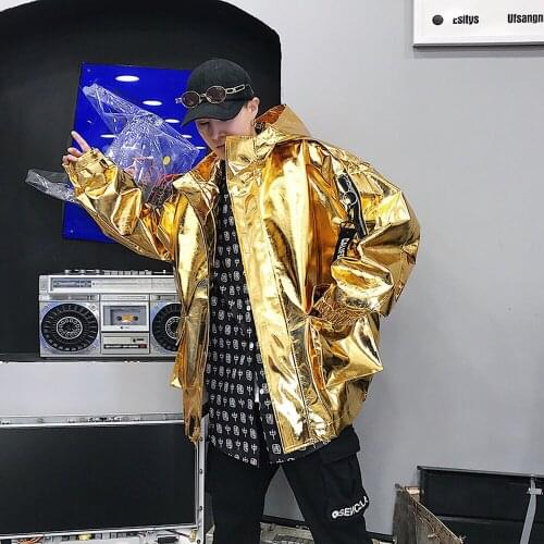 Mens Loose Glossy Shiny Hood Jacket Hip Hop Oversized Pu Leather Coats Outwear Sweet Punk Bling Bar 4Colors Plus Size New 2020
