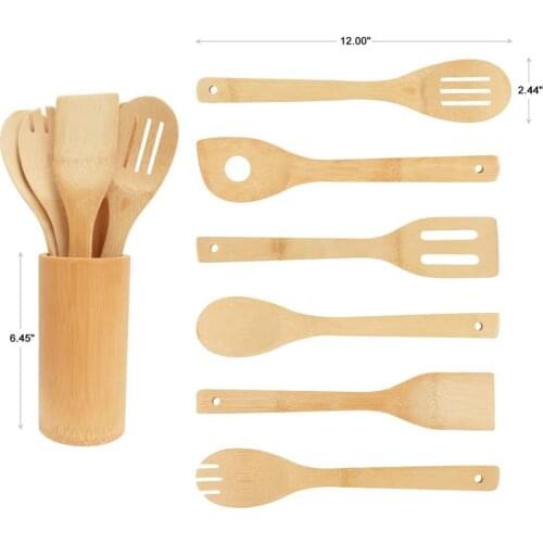 6-Piece Bamboo Kitchen Utensil Set Wooden Cooking Tools Spatula Spoon Nonstick Cookware Mixing Forked and Slotted Spoons