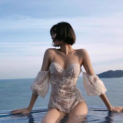2021 new ins style lace one-piece small chest gathered swimsuit covering belly was thin fairy feminine swimsuit swimwear women
