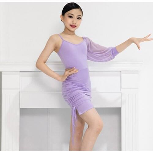 Single Puff Sleeve Latin Dance Dress Black/Purple Rumba Salsa Dancing Performance Stage Costume Tango Competition Wear YS2139
