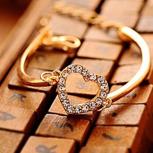 Hollow Heart Full Shiny Crystal Golden Silver Plated Metallic Adjustable Women Bracelets