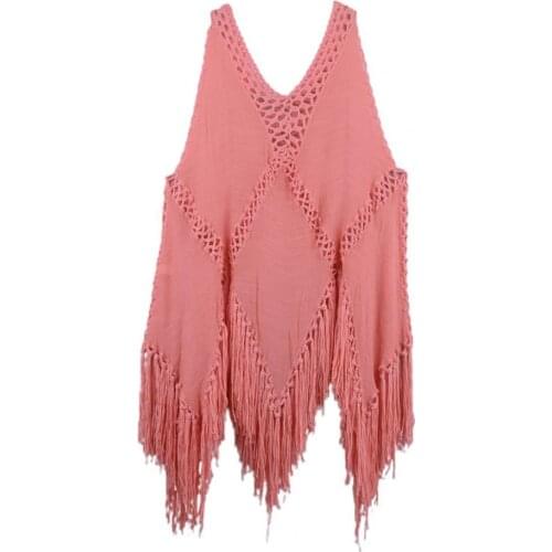 Sexy Sleeveless Cover-Ups Bikini Cover Up V Neck Sleeveless Irregular Tassel Swimsuit See Through Cover Up Vacation