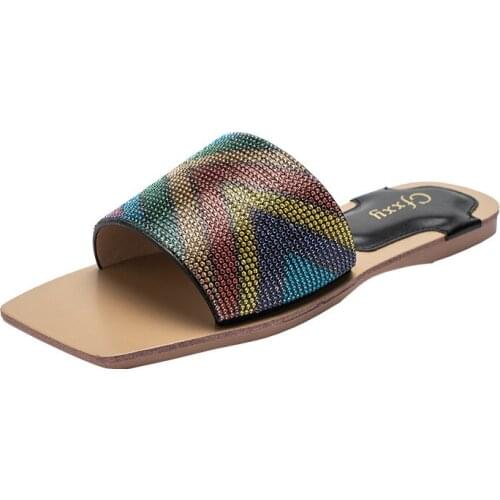 Fashion New Summer Womens Slides Shoes Outside Rhinestone Colorful Slippers Flat Rubber Soled Non-Slip Sandals