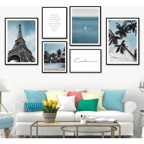 Tropical Sea Palm Paris Tower Sky Quotes Wall Art Canvas Painting Nordic Posters And Prints Wall Pictures For Living Room Decor