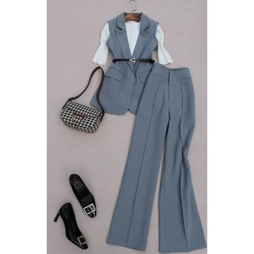 Spring Autumn Popular Office Lady Workwear Sets Elegant Belted Suit Vest + Wide Leg Full Length Suit Pants