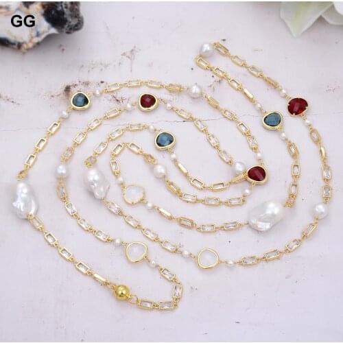 GuaiGuai Jewelry 70" White Keshi Pearl Crystal Chain Long Necklace
