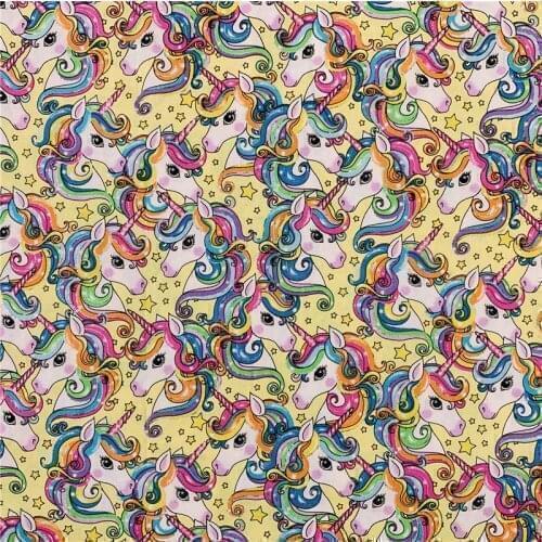 Cartoon Unicorn Stars Print Yellow 100% Cotton Fabric for Girl Clothes Hometextile Cushion Cover Curtain DIY